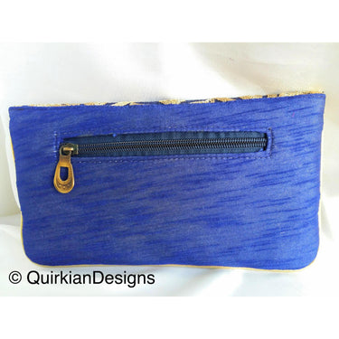 Blue Fabric Clutch Purse With Gold Intricate Embroidery, Wedding Clutch, Party Bag, Blue And Gold Clutch